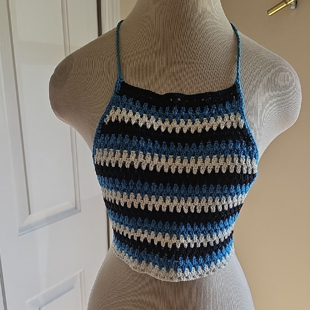 BP Blue Black White Striped‎ Crochet Halter Top.